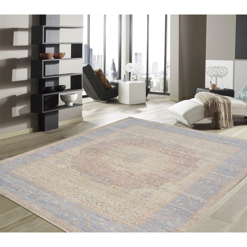 Oushak rouille / L. Tapis bleu en laine, Rectangle 8 pi 3 po x 9 pi 9 po