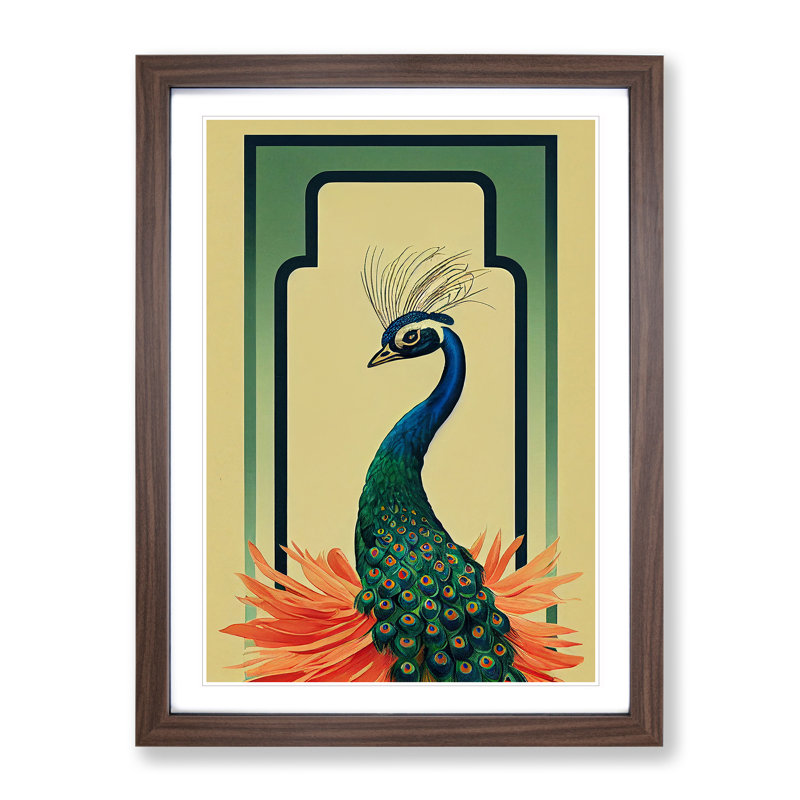 Peacock Art Deco No.2 - Framed Print, 46cm H x 34cm W, Walnut