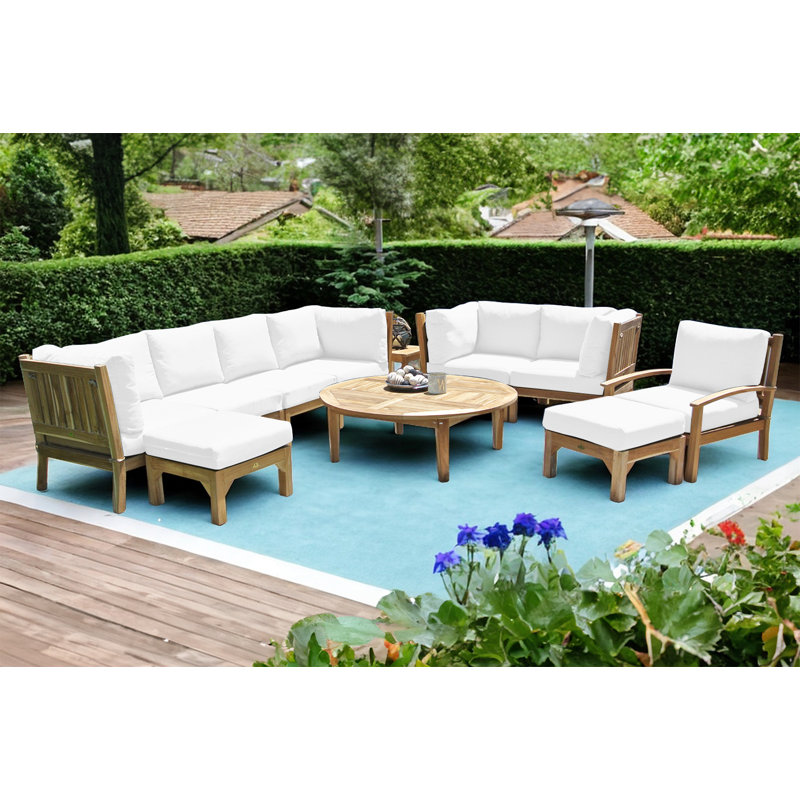 Ensemble de conversation modulaire en teck Huntington avec coussins Sunbrella, 11 pièces, 2 repose-pieds, Sunbrella® blanc
