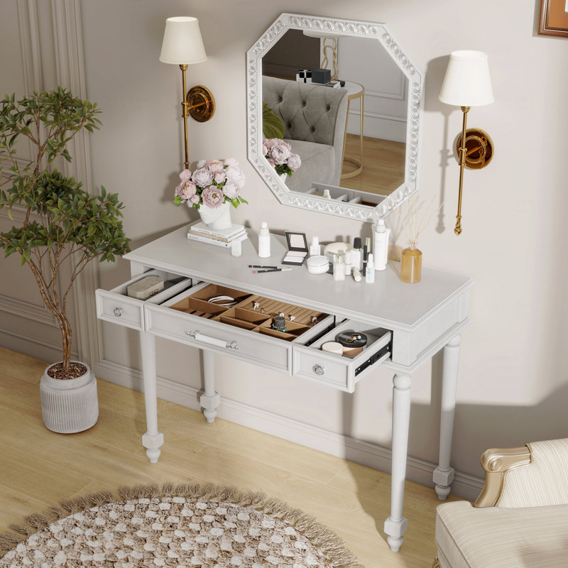 Retro 3-Drawer Makeup Console with Large Mirror