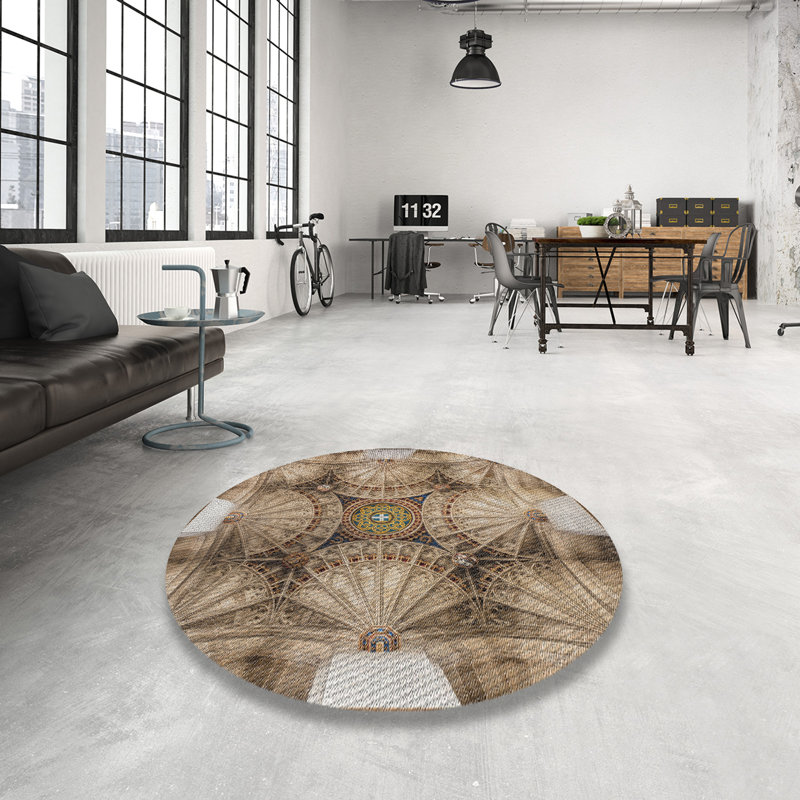 Tapis brun/vert à motif, Rond 6 pi