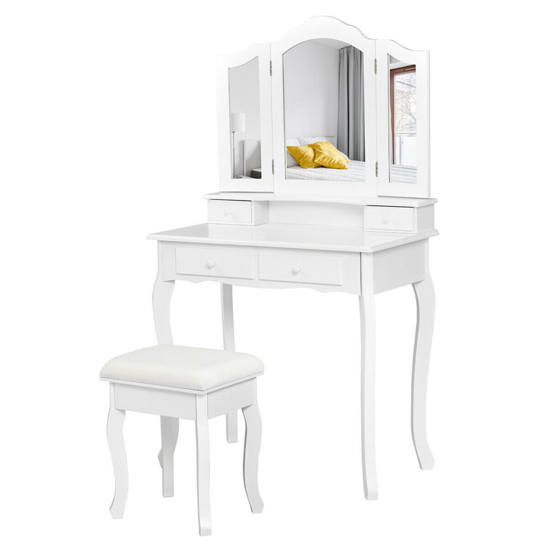 Ensemble coiffeuse avec tabouret et miroir Sindelar, Blanc
