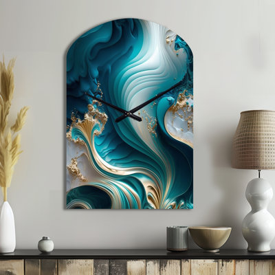 Abstract Geode Turquoise III - Marble Asymmetrical Metal Wall Clock, Modern Arch Wall Clock Print