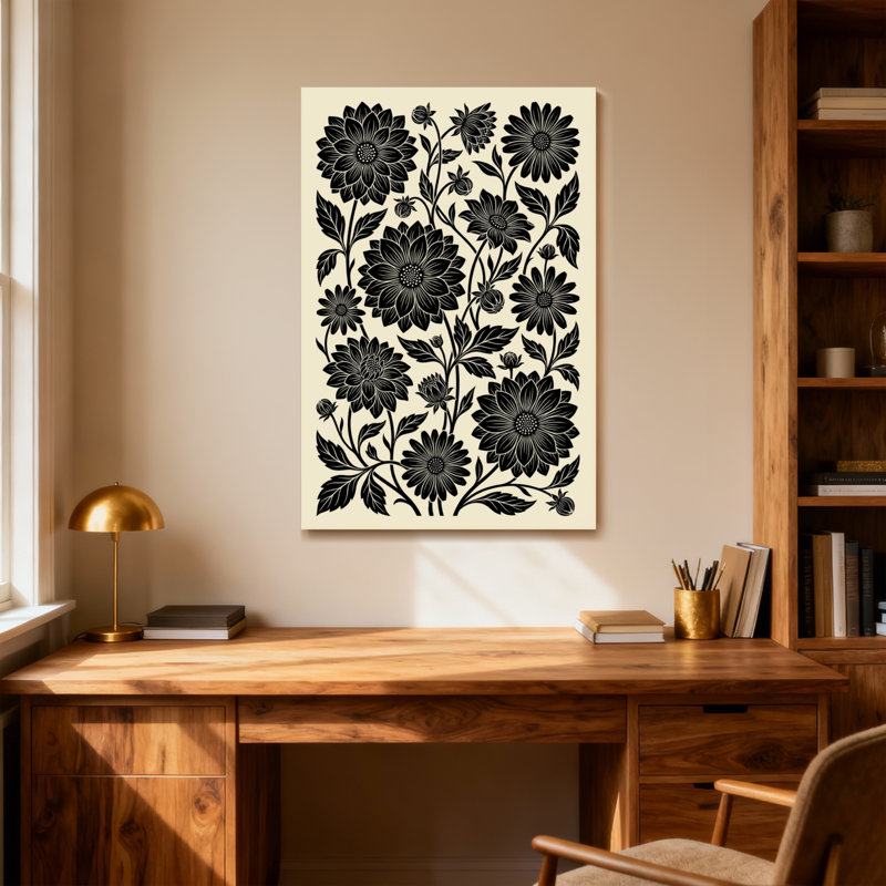 Plantes et fleurs à motif floral noir sur fond crème, H 18 po x l 12 po