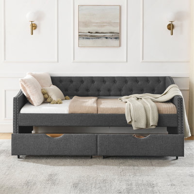 Twin Size Daybed With Drawers Upholstered Tufted Sofa Bed, With Button On Back And Copper Nail On Waved Shape Arms