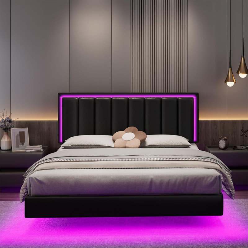 Floating bedstead double bed with RGB LED light, upholstered bedstead double bed with headboard, solid wood Flat noodles support, no spring, no noise, easy to assemble