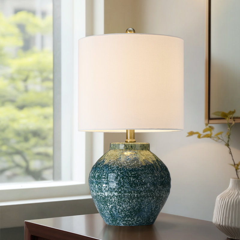 Green Ceramic Table Lamp With Drum Shade