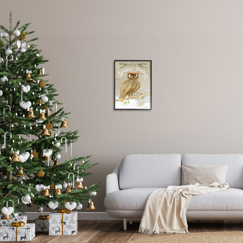 Season's Greetings Winter Snowscape Owl, H 20 po x l 16 po x P 1,5 po, Giclée encadrée noir minuit