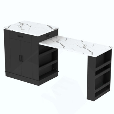 Extendable Island Console With Drawers, Double-Door Cabinet, And Open Shelving. Serves As Dining Table, Temporary Breakfast Bar, And Afternoon Tea Lounge
