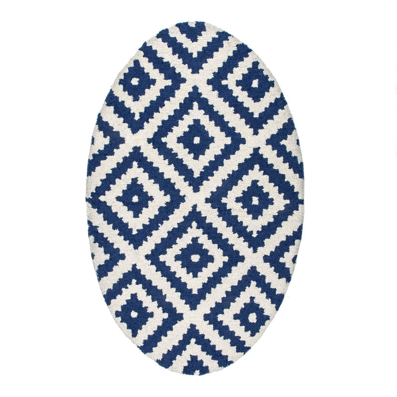 Thurston Geometric Handmade Tufted Wool Navy Area Rug, Oval 5' x 8'