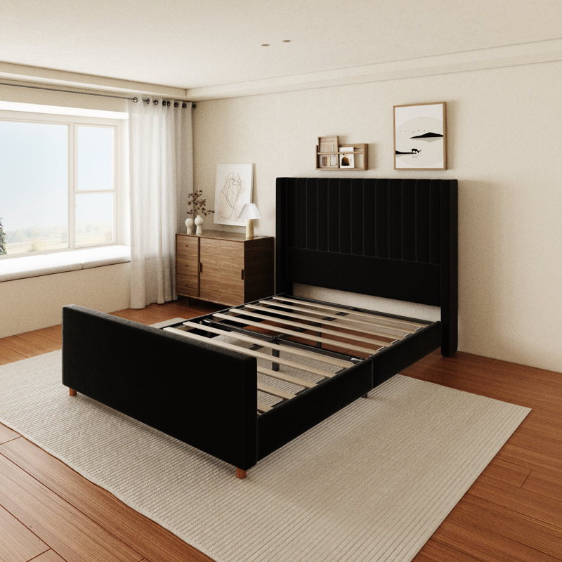  Plainfield Velvet Upholstered Wingback Platform Bed with Headboard and Footboard, Queen, Black