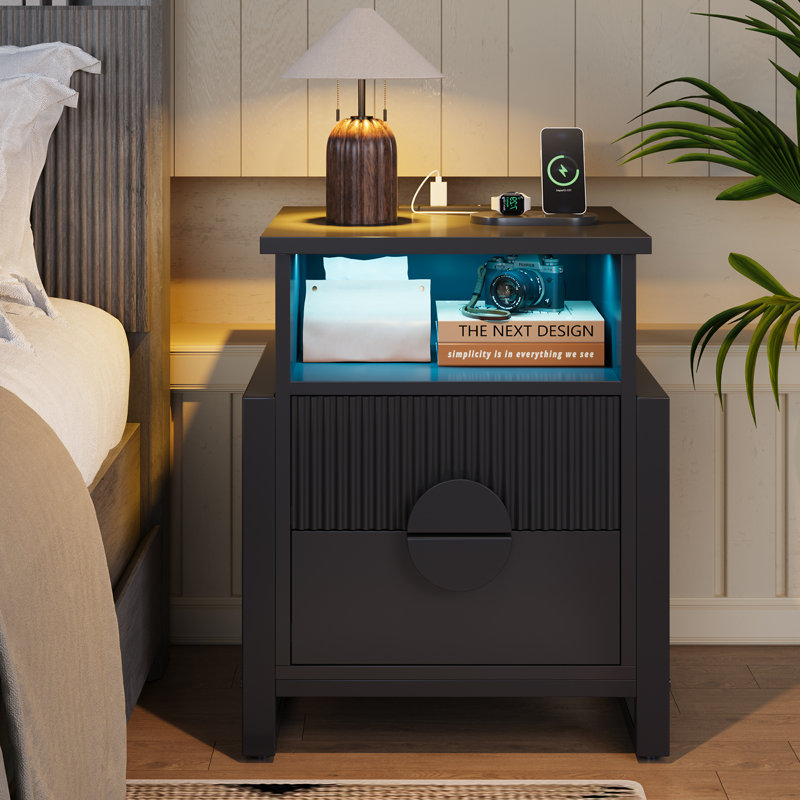 Wrought Studio™ 23.4'' Tall 2 -drawer Nightstand With Charging Station And Led Lights, Accent Bed Side Table And End Table With Open Storage