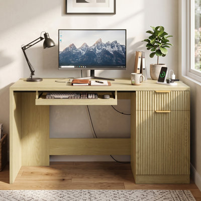Modern 55 Inch Computer Desk with Drawers for Home Office, Bedroom. Modern Home Office Desk with Keyboard Tray, Study Table with Storage Cabinet, Fluted Design (OAK)