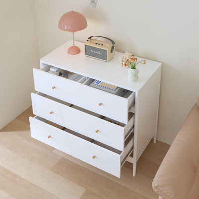 Commode blanche à 4 tiroirs pour enfants, armoire de rangement en bois pour chambre de tout-petit, chambre de bébé, garde-robe, table de chevet de rangement pour le salon ou un appartement, largeur de 35,4 po