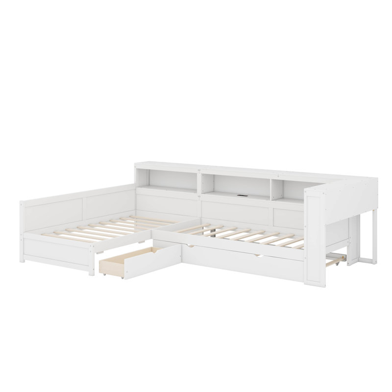 Lit plateforme simple en L avec lit gigogne et tiroir, Blanc