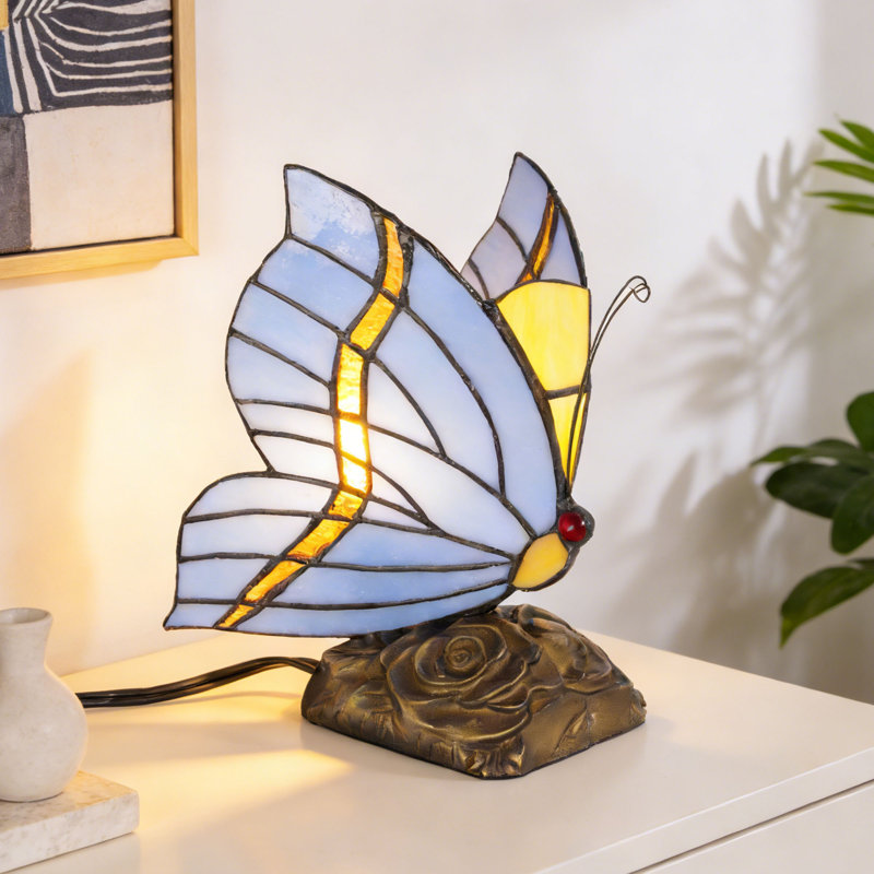 Lampe d'appoint papillon en vitrail avec base rose rétro - Lampe de table décorative