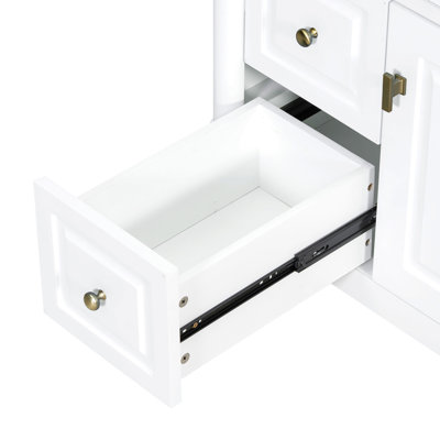 Meuble-lavabo de 30 po avec lavabo, armoire de salle de bain autoportante blanche avec tiroir rabattable et tablette réglable, structure en bois d'hévéa massif, panneaux en MDF et poignées en métal