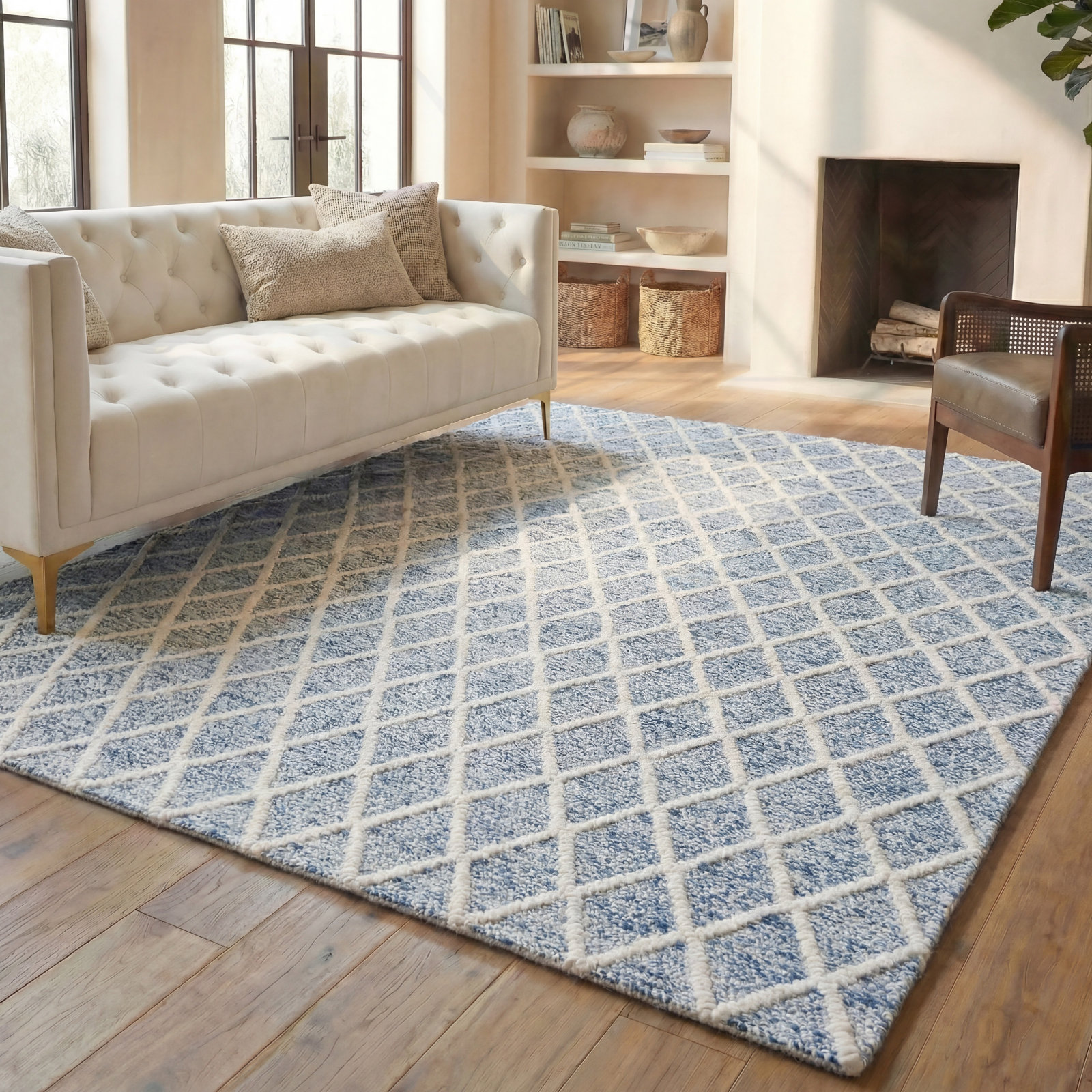Russo Ivory Blue Hand-Woven Flatweave Rug, Rectangle 8' x 10'
