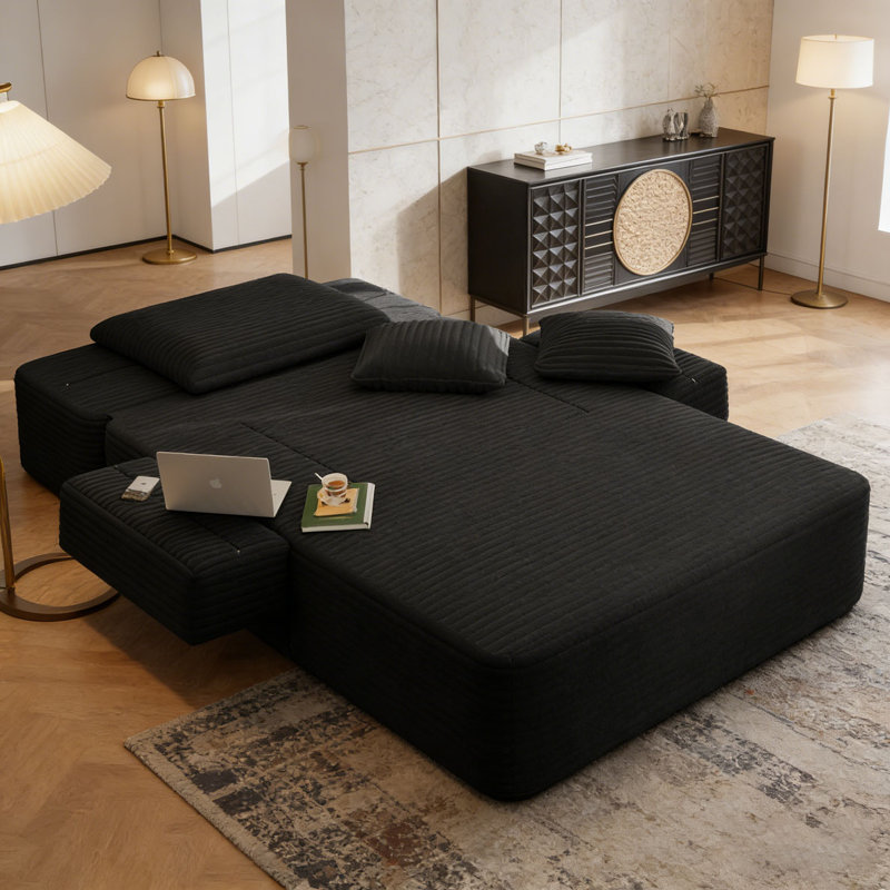 Chaise longue en velours côtelé avec 3 coussins, Noir