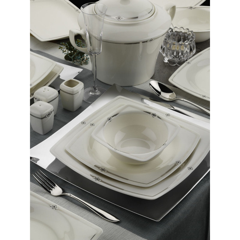 Corriveau Piece Porcelain China Dinnerware Set - Service for 12, White/Black
