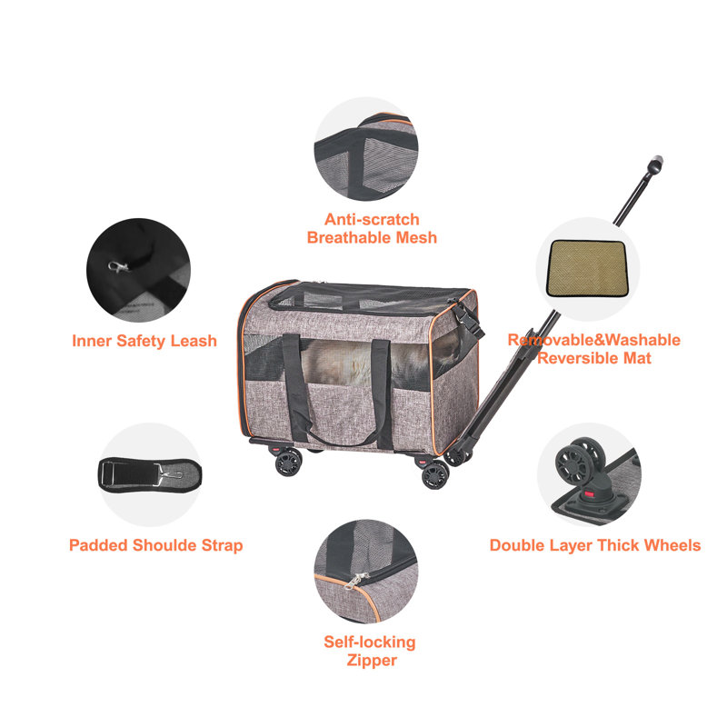 Sac de transport à roulettes pour chat et chien (pour animaux de moins de 10 kg), comprenant un bol pliable, homologué pour le transport aérien, avec poignée télescopique et bandoulière, gris.