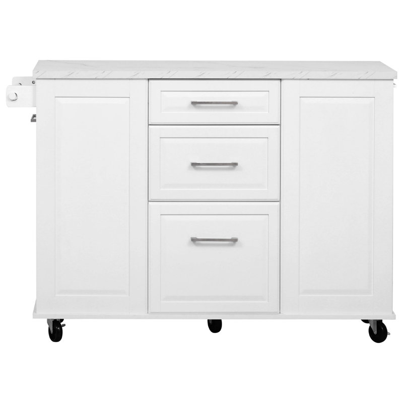 50.7" Kitchen Island With Storage Tilt Trash Can Cabinet And Pull Out Cabinet Organizer, Rolling Kitchen Island On 5 Wheels With Drop Leaf, 2 Drawers, 1Door For Kitchen, Dining Room, 