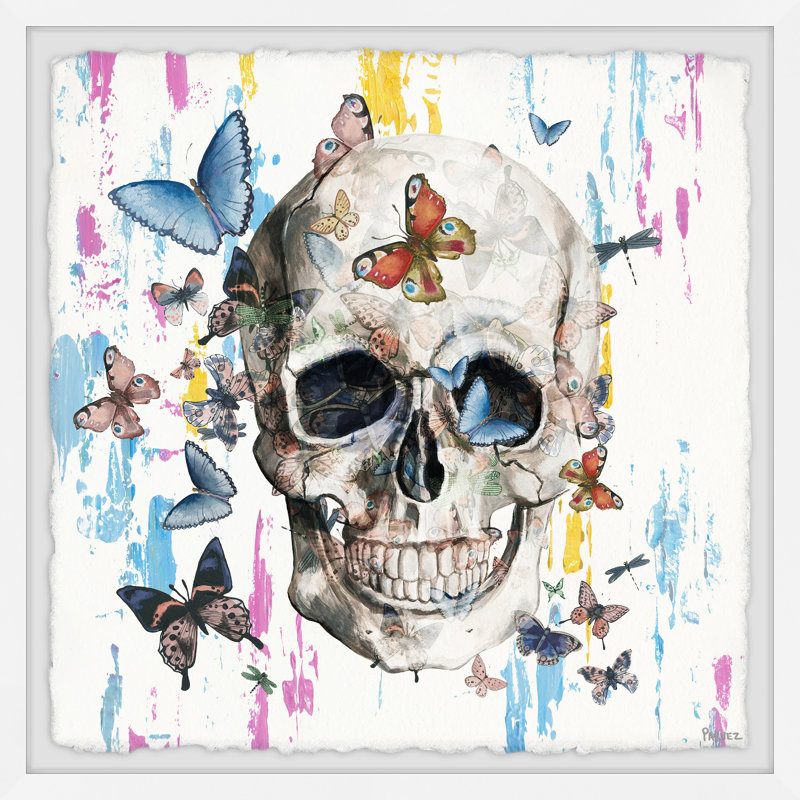 «Colorful Happy Butterfly Skull» par Parvez Taj, reproduction d'art encadrée, H 12 po x l 12 po x P 1,5 po