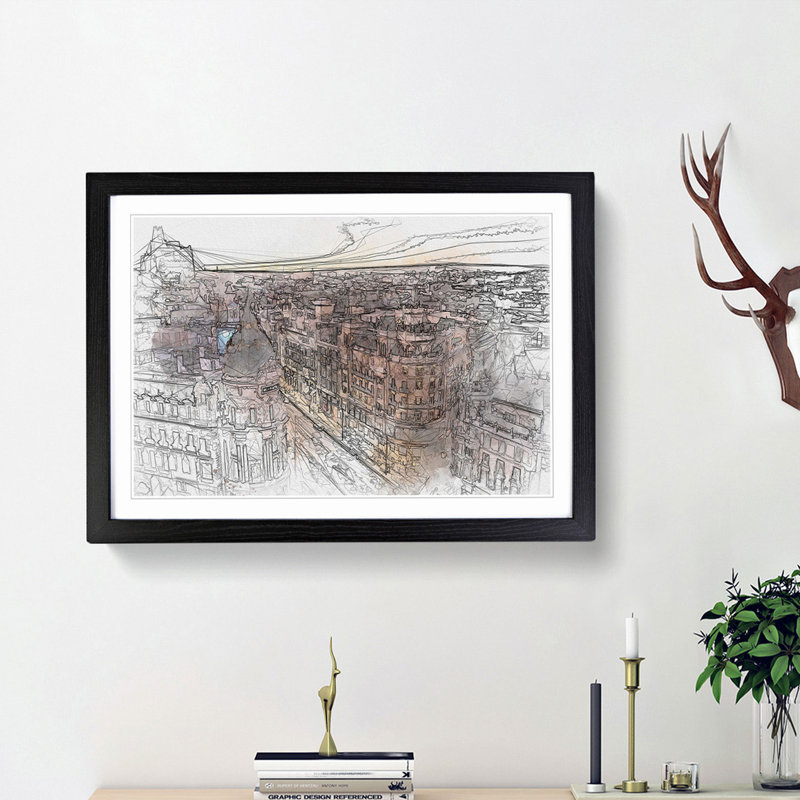 Calle Gran Via in Madrid Spain in Abstract - Picture Frame Graphic Art Print, 62cm H x 87cm W x 2cm D, Black Framed