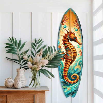 Seahorse Coastal Surfboard Wall Art - Handcrafted Wooden Ocean Decor By G.Debrekht - Indoor Outdoor Beach House Accent