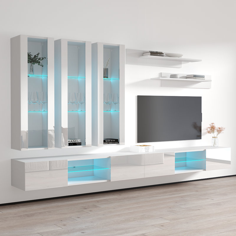 Ballina 126" Modern Floating Wall Mounted Entertainment Center with 16-Color LED Lighting, High Gloss Finish, White