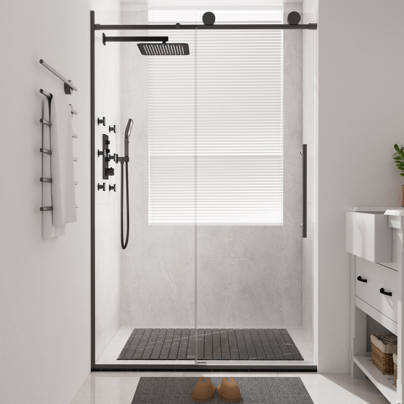 44"-48" W x 76" H Reversible Frameless Single Sliding Shower Door with 3/8" Clear Tempered Glass, Matte Black