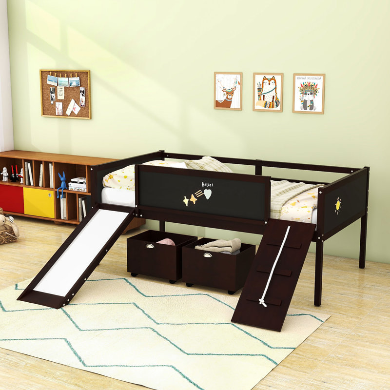 Lit mezzanine bas simple avec glissoire, tableaux noirs et boîtes de rangement, Espresso