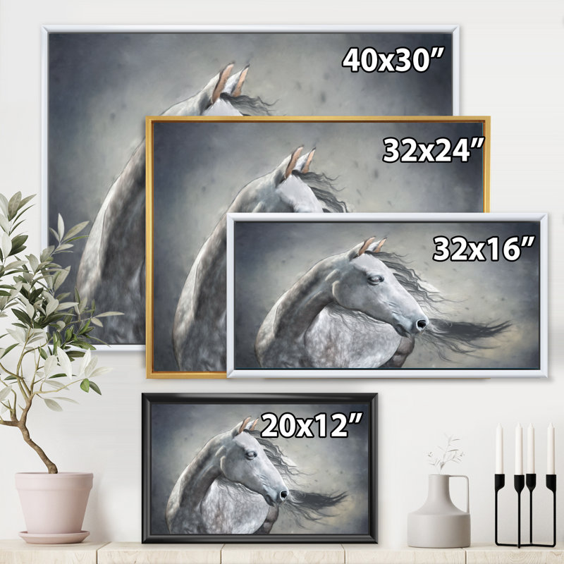 Portrait monochrome d'un cheval sauvage - peinture sur toile, H 12 po x l 20 po x p 1 po, Cadre flottant noir