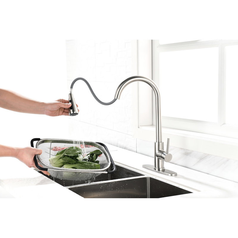 Robinet de cuisine à poignée simple en nickel brossé à grande arche - Robinet rétractable en acier inoxydable pour un entretien facile