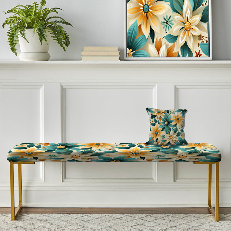 Upholstered Gold Bench, Turquoise Timeless Garden Flowers