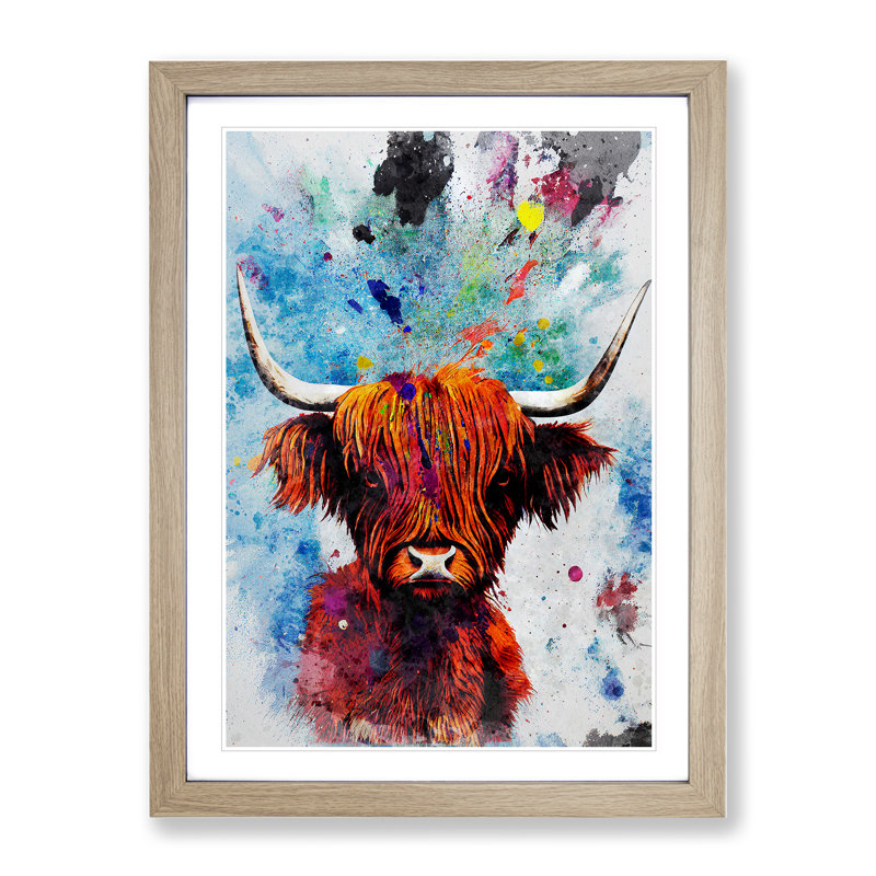 Highland Cow Splash No.1 - Single Picture Frame Painting, 64cm H x 46cm W x 2cm D, Oak