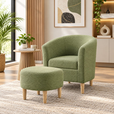Upholstered 27" Wide Linen Barrel Chair with Ottoman