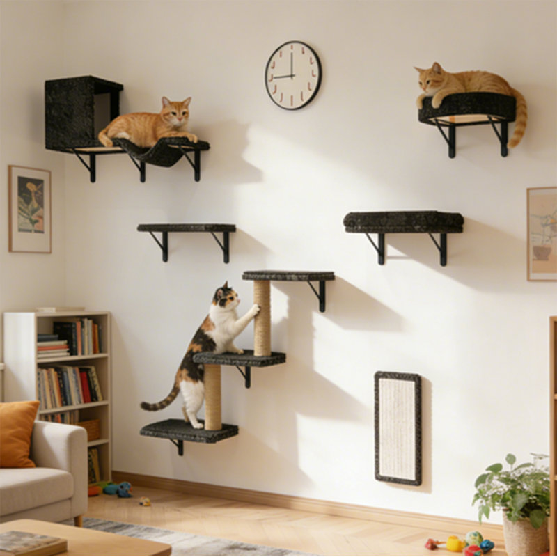 Ensemble de mobilier mural pour chat KVIDA 10 pièces, comprenant des étagères murales verticales, un arbre à chat, des plateformes, des griffoirs en sisal et des marches pour chats d'intérieur, gris foncé
