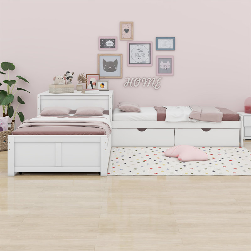 L-Shaped Platform Bed With Trundle,Drawers And Built-In Desk, White