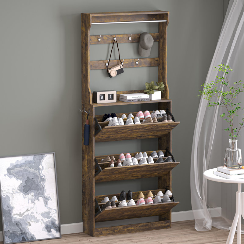 24 Pair Shoe Storage Cabinet 3 Flip Drawers, Adjustable Shelves & 9 Hooks - Space-Saving Entryway Organizer, Brown