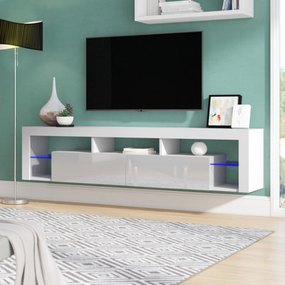 Hugo Modern TV Stand for TVs up to 90" with 16-Color LED Lighting, Glass Shelves, Wall-Mounted