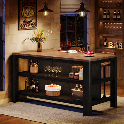 Table de bar en bois massif de 63 pouces, table de pub rectangulaire à hauteur de comptoir avec tablettes de rangement, mobilier de bar haut en bois pour la cuisine / pub / salle à manger
