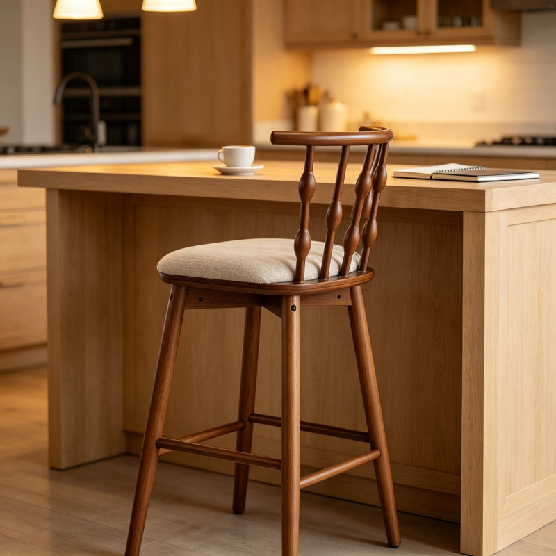Wooden Upholstery Barstool, Set Of 2, Walnut, Beige