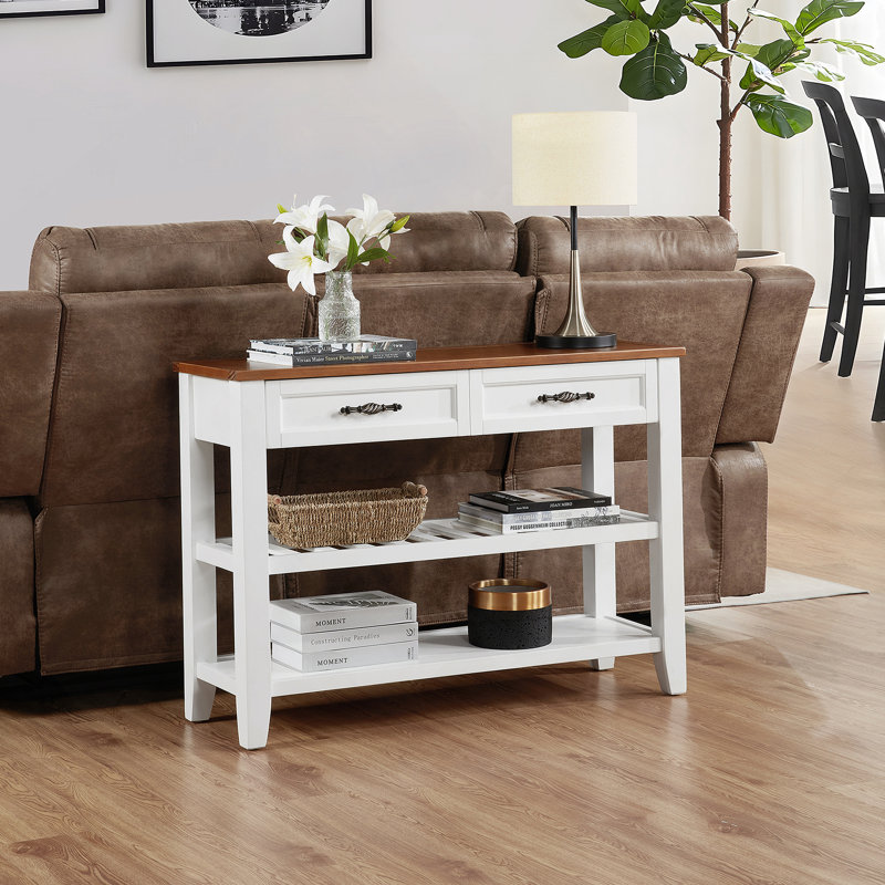 Console rétro avec deux tablettes ouvertes, structure en bois de pin massif et pieds pour le salon, Brun, Blanc