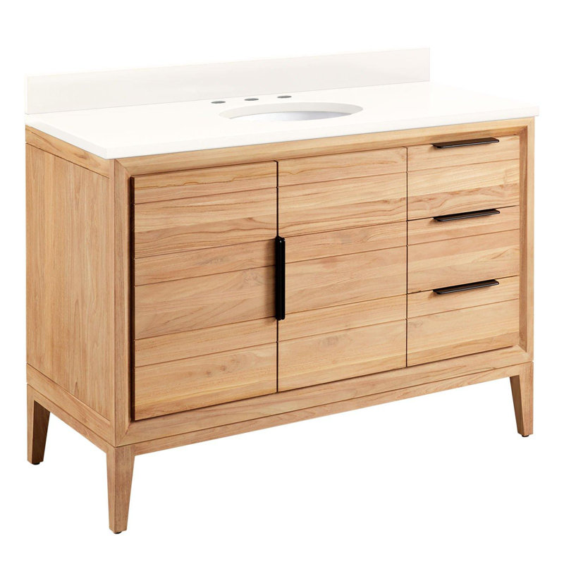 48" Aliso Single Bathroom Vanity Set with Oval Undermount Sink, Arctic White Quartz, 8" Widespread, Natural Teak