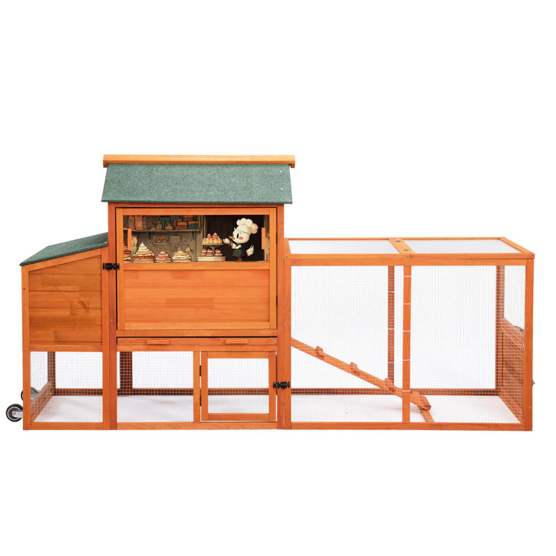 Poulailler orange avec des motifs colorés, une chambre à coucher et une course extérieure pour petits groupes, chambre de repos, animaux à climat contrôlé