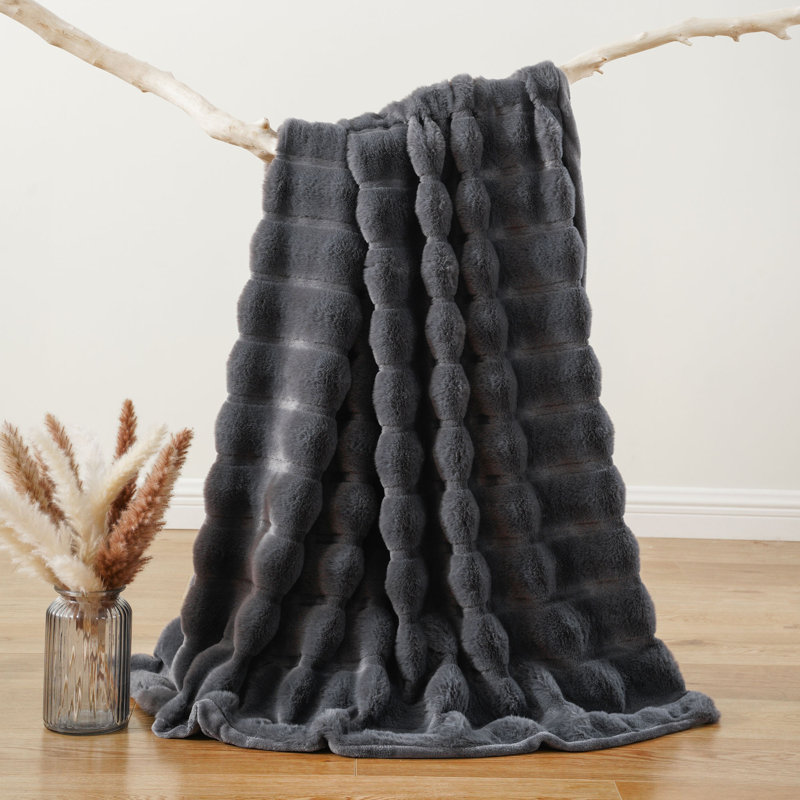 Jeté en fausse fourrure, couverture en fourrure de lapin pour lit, canapé, couverture en peluche vison super doux, Gris foncé