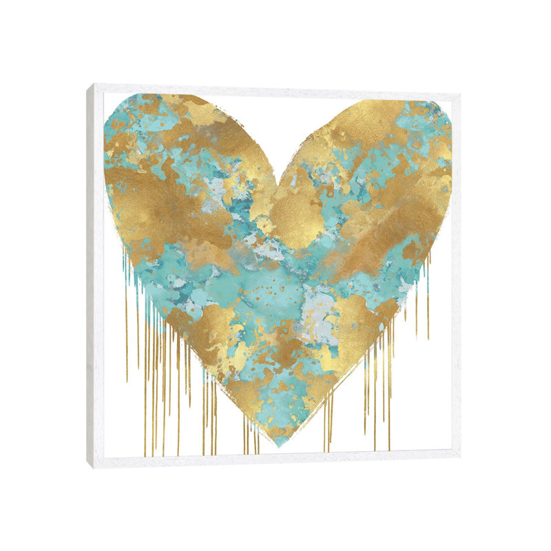 Big Hearted Aqua And Gold by Lindsay Rodgers - Print on Canvas, White Framed, 66.04cm H x 66.04cm W x 3.81cm D