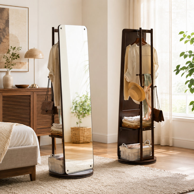Rotating Freestanding Full‑Length Mirror with Clothes Rack, Solid Wood Construction