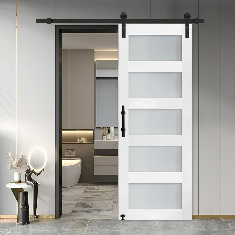 Glass Sliding MDF Barn Sliding Door Hardware Kit, Tempered Frosted Glass, Simple DIY Assembly, 32" x 84"